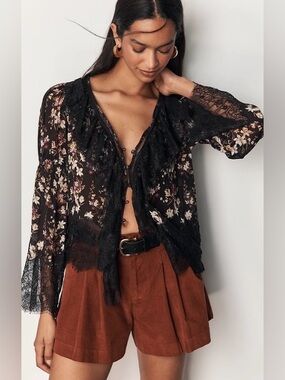 NWT By Anthropologie Black Floral Lace-Trim Sheer Tie Blouse Size Small